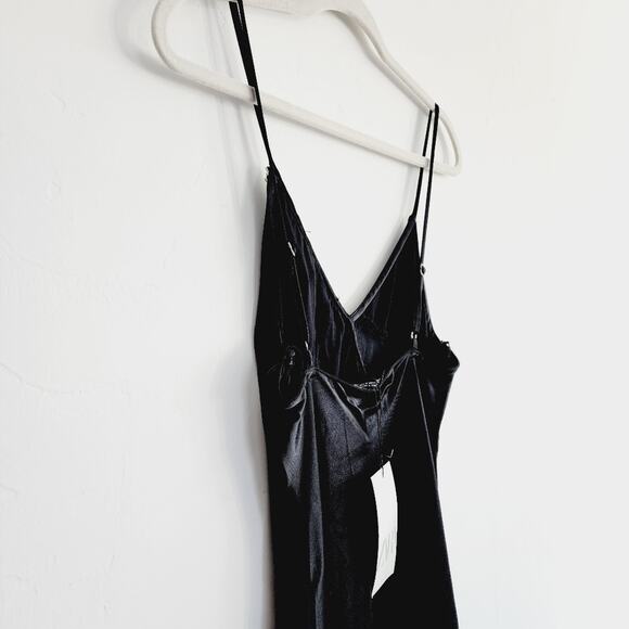 Zara Black Satin Effect Rhinestone Midi Slip Dress Spaghetti Straps Size Small - Picture 8 of 14